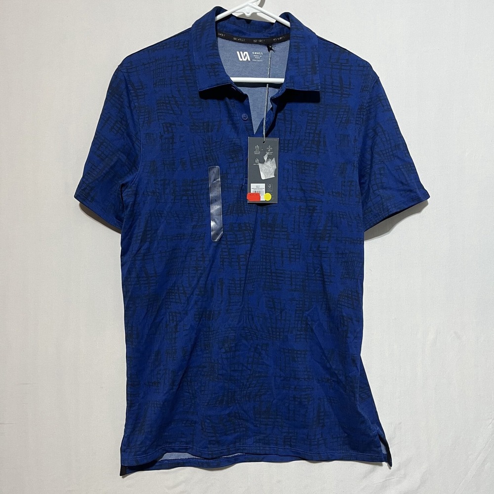 VRST Warped Check Pique Polo Shirt Men's Small Navy Blue Stretch High Low‎ Hem